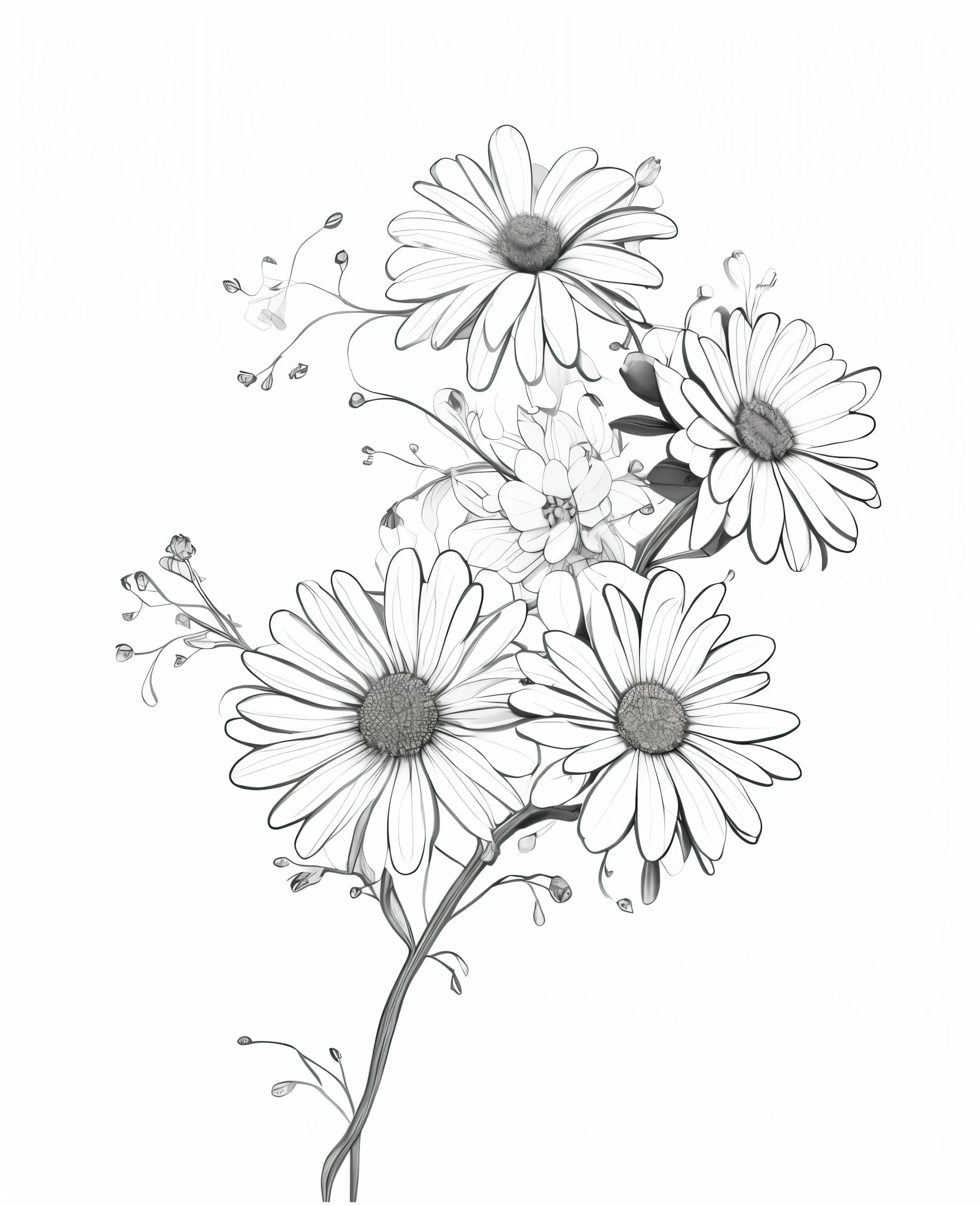 3 small daisies front view,large leaves,No stems,winding vines,black and white painting,Hand-drawn drafts