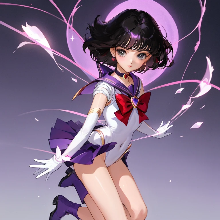 {{{{sailor saturn}}}}, {sailor senshi uniform}, 8 years old, 
{{{{amazing quality, great quality, high quality, very aesthetic, aesthetic, best quality}}}}, 
realistic, photo, shadow, Three-dimensional, absurdres, Digital art, 
black hair, short hair, trimmed hair, shiny hair, blunt bangs, short sideburns, 
{{flat chest}}, {{small breasts}}, {{detailed body}}, slim thighs, thin thighs, tareme, 
big eyes, both shoulders expose, covered navel
white leotard, purple sailor collar, purple skirt, white elbow gloves, white gloves, purple boots, 
purple choker, jewelry, heart brooch, red bow tie, red butt ribbon, 
beautiful girl, one girl, cute, pretty, lovely, charming, teenage, cute, pretty, lovely, charming, kawaii, 
dynamic composition, transformation pose, 