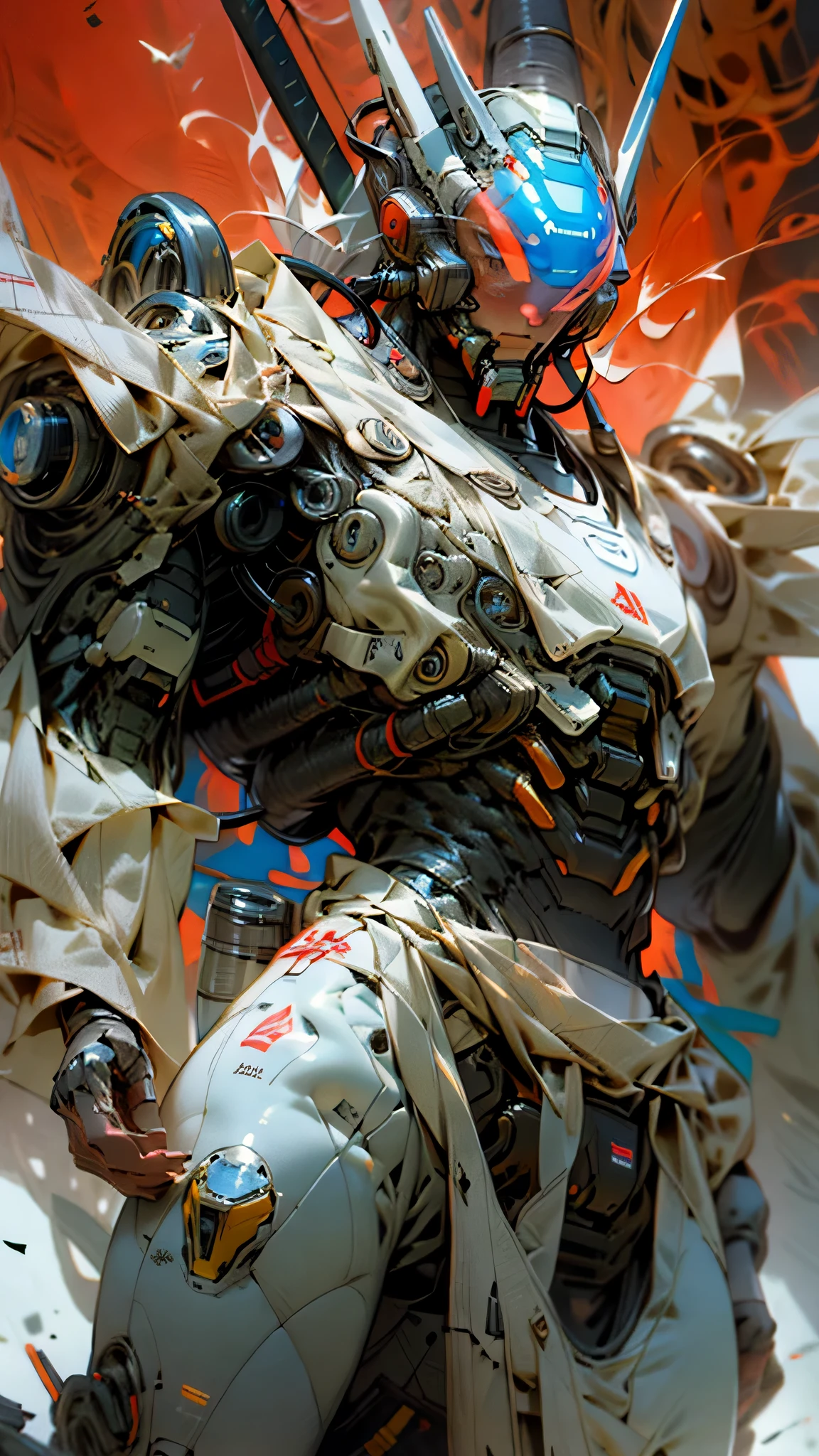 最high quality、best image quality、masterpiece、huge robot((damaged white body、blue light body line、destroyed right arm、Missing left foot、damaged jetpack、holding a shotgun in both hands、sparks come out from the body、red visor、original head、muscular、bulletproof vest,Mechanical face、shooting pose)),high quality、beautiful art、background((dark cavity、underground、red lighting)),debris flies、Depth of written boundary、movie、visual art、perfect art、8K,genuine