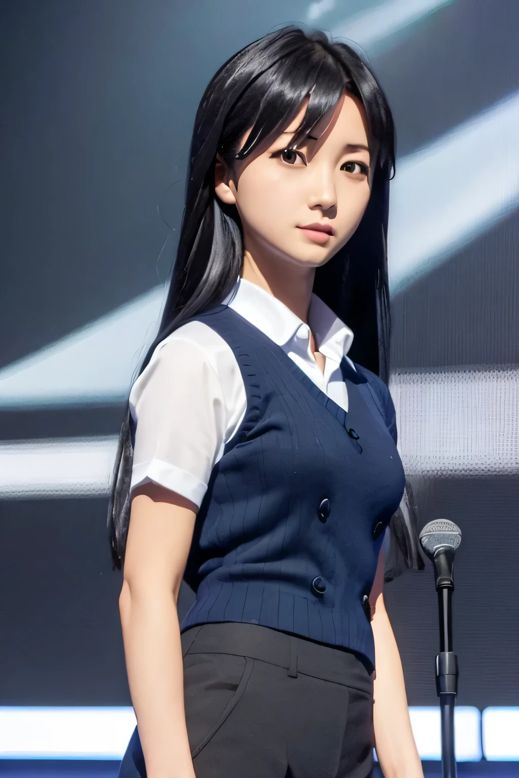 (((pixel perfect, Perfection with attention to detail))), alone, 1 girl, Chihaya Kisaragi, (black hair), stage, Idol, (Light blue T-shirt, Dark blue knitted vest, Dark blue slacks), looking at the viewer, :d, anger, break (flat chest:1.4)