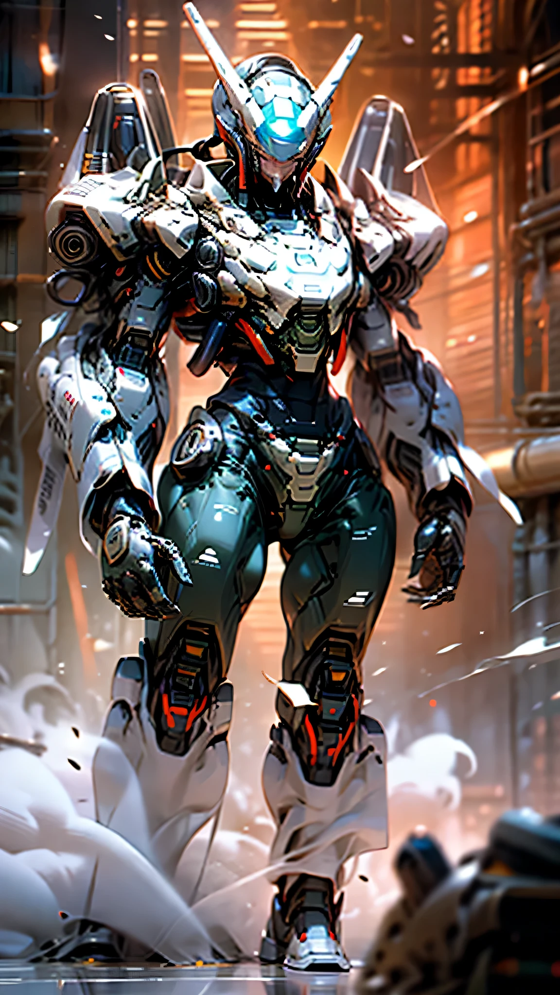 最high quality、best image quality、masterpiece、huge robot((damaged white body、blue light body line、destroyed right arm、Missing left foot、damaged jetpack、holding a shotgun in both hands、sparks come out from the body、red visor、original head、muscular、bulletproof vest,Mechanical face、shooting pose)),high quality、beautiful art、background((dark cavity、underground、red lighting)),debris flies、Depth of written boundary、movie、visual art、perfect art、8K,genuine