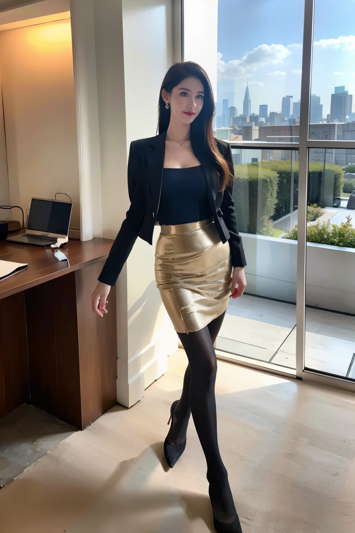 1 girl,(European model:1.3),31 years old,exquisite,Business womenswear,(jacket:1.1),(shirt:1.1),(Wrap skirt:1.1),Accessories,jewelry,briefcase,knitwear,,black stockings，goosebumps,goose-flesh，（fidelity：1.3），filigree，quality，（masterpiece：1.2），（fidelity：1.2），（best quality），（Skin details：1.3），（intricate details），drama，Ray tracing，photo，bathed in light and shadow，visual novel，The boss's office for a skyscraper，Window with city view，film grain，Depth of field 100mm，Flick，full-body shot，skin tone，High heel，