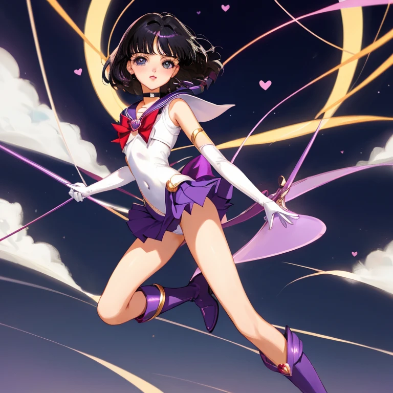 {{{{sailor saturn}}}}, {sailor senshi uniform}, 8 , 
{{{{amazing quality, great quality, high quality, very aesthetic, aesthetic, best quality}}}}, 
realistic, photo, shadow, Three-dimensional, absurdres, Digital art, 
black hair, short hair, trimmed hair, shiny hair, blunt bangs, short sideburns, 
{{flat chest}}, {{small breasts}}, {{detailed body}}, slim thighs, thin thighs, tareme, 
big eyes, both shoulders expose, covered navel
white leotard, purple sailor collar, purple skirt, white elbow gloves, white gloves, purple boots, 
purple choker, jewelry, heart brooch, red bow tie, red butt ribbon, 
beautiful girl, one girl, cute, pretty, lovely, charming, teenage, cute, pretty, lovely, charming, kawaii, 
dynamic composition, transformation pose, 