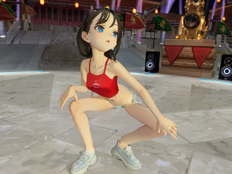 1 girl, alone, Masterpiece, the best_quality, photography, looking at camera, young adult guard, Tired expression, โปgameอน, โปgameอน (game), game freak, Nintendo, (porcelain skin), blue eyes, (black hair), (I'm busy in a ponytail.), black cardigan, Loose-fitting shirt, Black sweatpants, gen 3 โปgameอน, โปgameอน (organism), white skin, concrete background, lean against