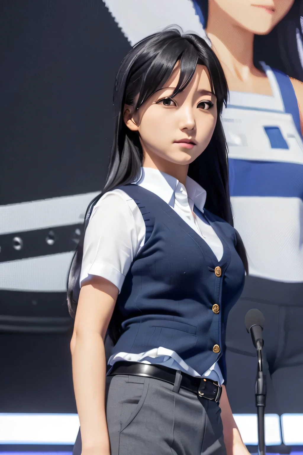 (((pixel perfect, Perfection with attention to detail))), alone, 1 girl, Chihaya Kisaragi, stage, Idol,  looking at the viewer, :d, anger, break  (flat chest：1.4),  (black hair), (Light blue T-shirt, Dark blue knitted vest, Dark blue slacks)