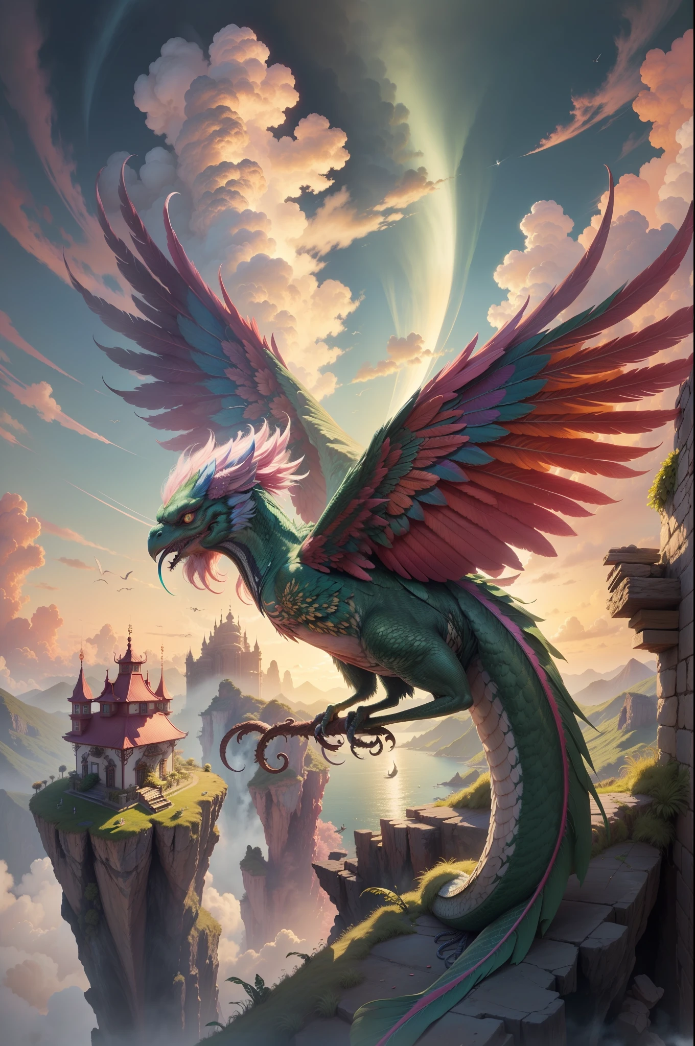 Green Dragon,Island, Cloud, Rainbow, sky, bird, pink wings