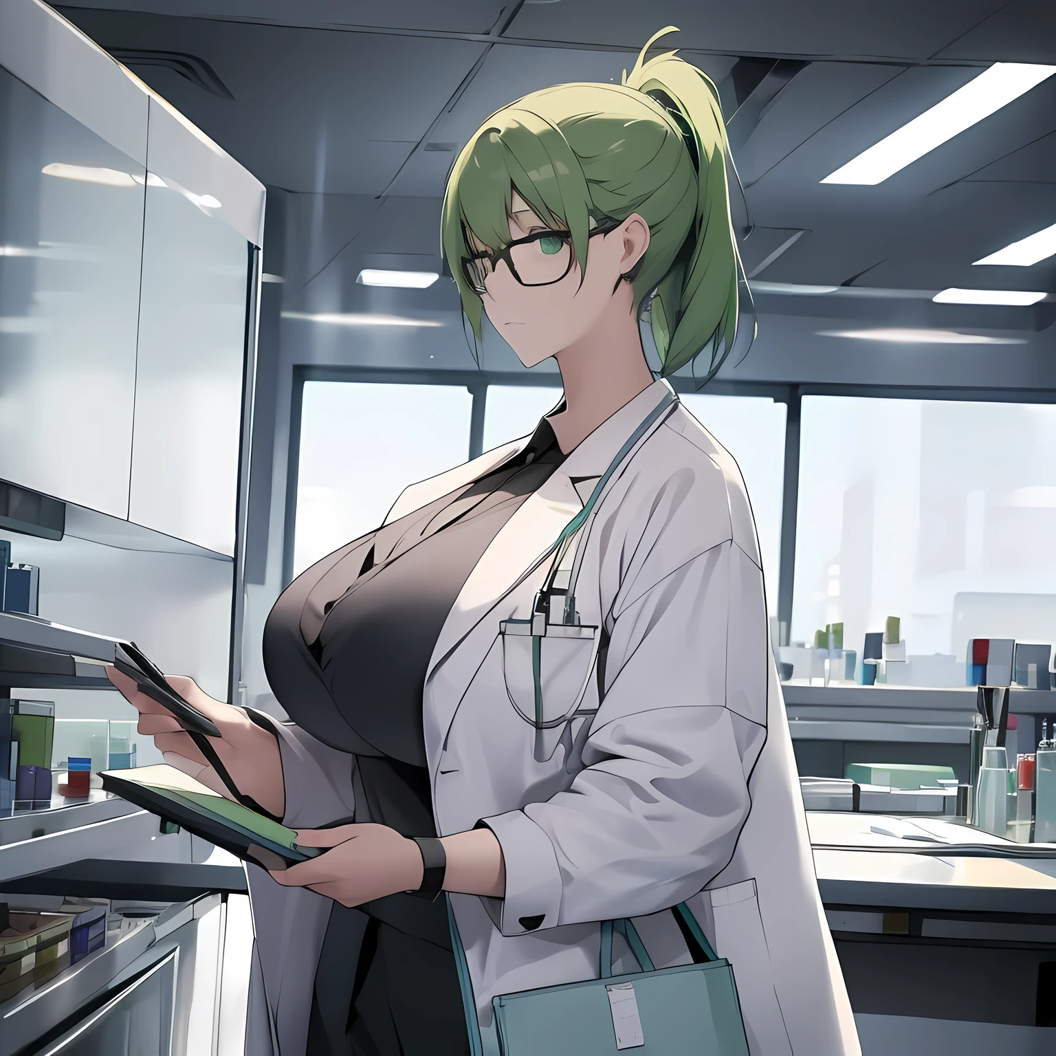 Mature female in laboratory holding a clipboard while looking out the window, green hair, big breasts