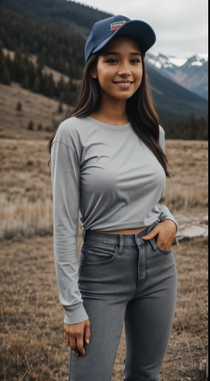 Foto hiperrealista en primer plano de Kelsey Asbille (native American ((light dark skin))), masterpiece, best quality, full body, whole person, (black long-sleeves tang top:1.2), (black jeans:1.2) (boots:1.2), (black trucker hat), on the ranch, grey day, Montana mountains in the background, cinematic light, beautiful woman, photo oh whole person, cinematic light, beautiful woman, skinny, large breasts, straight black pony tail hair, detailed face, smile, photo taken from a distance