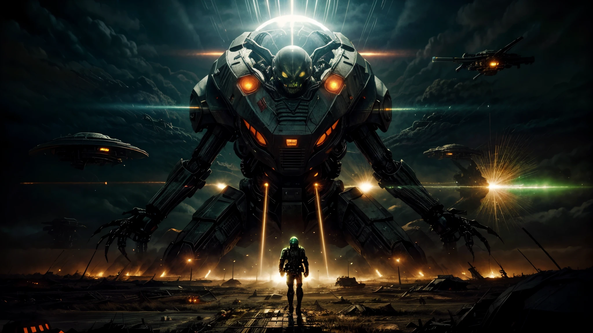 giant biological mutant zombie, alien mecha, skeleton face, giant skeleton, body all, green laser rays, armies at war, alien war machines, anime art, alien war atmosphere, UFOs warlike mother ships crossing the skies, nuclear bombs, apocalyptic scenario.