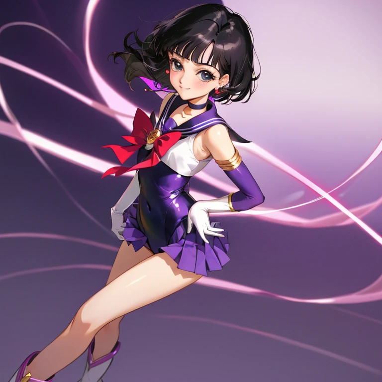 {{{{sailor saturn}}}}, {sailor senshi uniform}, 8 years old, 
{{{{amazing quality, great quality, high quality, very aesthetic, aesthetic, best quality}}}}, 
realistic, photo, shadow, Three-dimensional, absurdres, Digital art, 
black hair, short hair, trimmed hair, shiny hair, blunt bangs, short sideburns, 
{{flat chest}}, {{small breasts}}, {{detailed body}}, slim thighs, thin thighs, tareme, 
big eyes, both shoulders expose, covered navel
white leotard, purple sailor collar, purple skirt, white elbow gloves, white gloves, purple boots, 
purple choker, jewelry, heart brooch, red bow tie, red butt ribbon, 
beautiful girl, one girl, cute, pretty, lovely, charming, teenage, cute, pretty, lovely, charming, kawaii, 
dynamic composition, transformation pose, A big smile, 