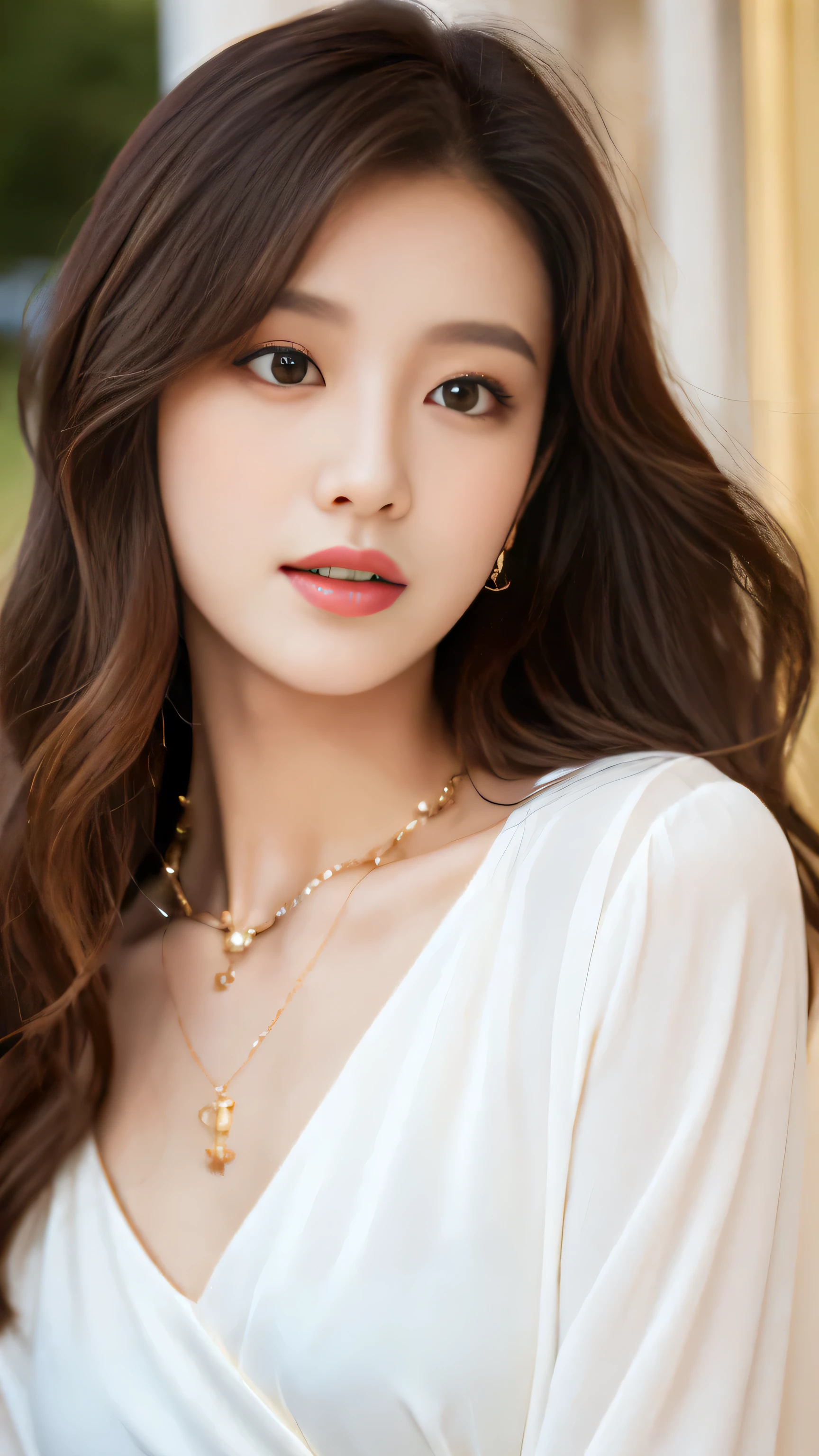 ( Super beautiful details, , high quality , super detail ) ,( Hand details ) , 1 Girl Inn, solo, Beauty details,, very long hair, chestnut hair , beautiful eyes ( Eye details ) facial details,necklace, long dress, long sleeve, elegant, colorful, best details, Upper body, river