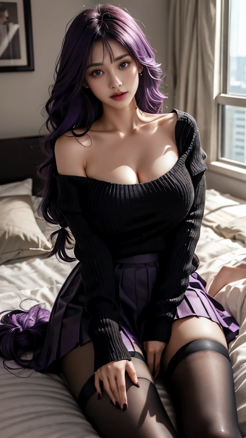 Hyper-realistic 8K CG(1girl)Tube top,No cleavage,maroon maroon,dewy skin,sweaty skin,Purple hair big breasts,long purple hair,thick braid,nylon tshirt,punk girl,beautiful purple eyes、((perfect female figure))、Purple hair big breasts色的头发,Compact and beautiful in bed,Kneel down, Seductive eyes、very detailed eyes、Thick thighs、plump breasts、Beautiful detail background、depth of field、Cocktail realism:1.3、shot from a far distance、1 girl in、shirt、pleated skirt、Uniforms、sit on it、Full body female love、 (ambient light:1.3)、(composition:1.3)、(neon lights:0.1)、(hdr:0.1)、Accent lighting、black pantyhose、