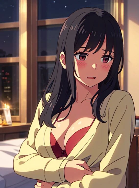 1middle age man, wrinkle face, black hair,bangs swept to the right side, Middle aged man behind girl, touching chest, biting shoulders, breatsgrope from behind, grab, grabbing chest,chestgrab behind back, removing bra, hold bra, hug back, hugging, neck kiss, 1girl, black hair, Twisted Half Up, red ribbon, long hair, long sleeve light yellow cardigan, open shirt, yellow shirt, cleavage, breast, medium breast, Orange shirt, cute, open mouth, full body, long sleeves, cowboy shot, masterpiece, on a dating, blushing, bedroom, night, sit on bed