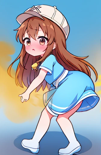 1 girl、platelet、8K、must、anime、fart、blush、large amount of gas、Gas comes out of the butt、full body photo、、white hat、brown hair、long hair、Kindergarteners、blue clothes with top and bottom connected、blue skirt、Are standing、brown eyes、Leaning the body forward、feel shy、