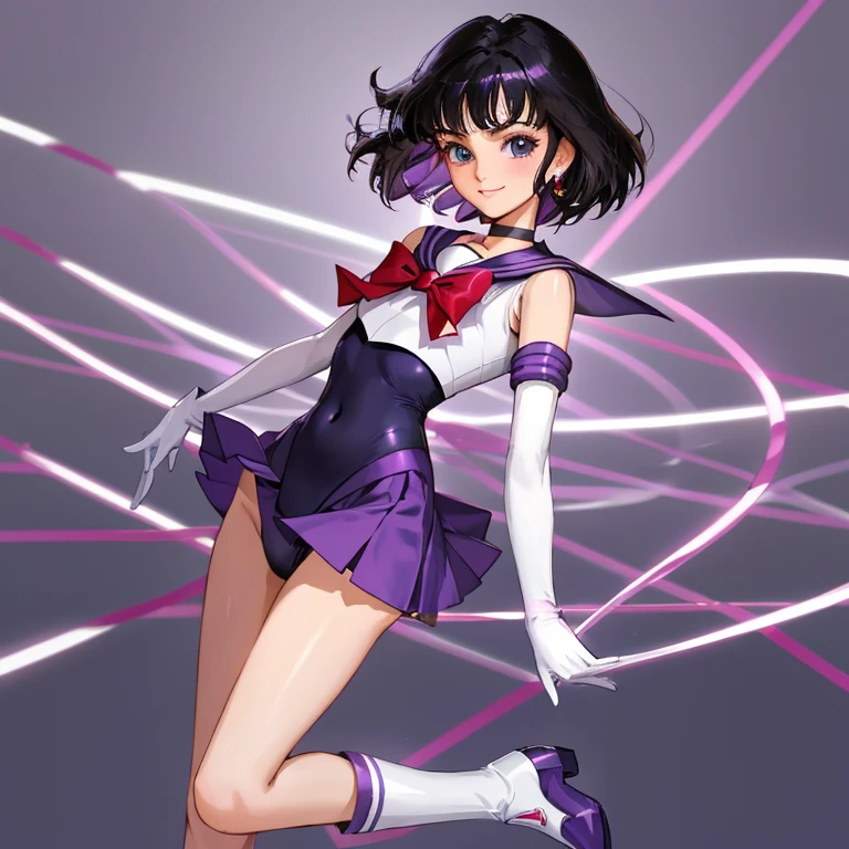 {{{{sailor saturn}}}}, {sailor senshi uniform}, 8 years old,
{{{{amazing quality, great quality, high quality, very aesthetic, aesthetic, best quality}}}},
realistic, photo, shadow, Three-dimensional, absurdres, Digital art,
black hair, short hair, trimmed hair, shiny hair, blunt bangs, short sideburns,
{{flat chest}}, {{small breasts}}, {{detailed body}}, slim thighs, thin thighs, tareme,
big eyes, both shoulders expose, covered navel
white leotard, purple sailor collar, purple skirt, white elbow gloves, white gloves, purple boots,
purple choker, jewelry, heart brooch, red bow tie, red butt ribbon,
beautiful girl, one girl, cute, pretty, lovely, charming, teenage, cute, pretty, lovely, charming, kawaii,
dynamic composition, transformation pose, A big smile,
