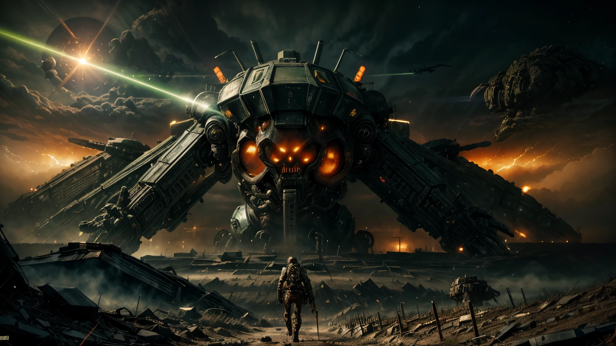 giant biological mutant zombie, alien mecha, skeleton face, giant skeleton, body all, multiple armies at war, alien war machines, anime art, alien war atmosphere, UFOs warlike mother ships crossing the skies shoting green laser rays , nuclear bombs, apocalyptic scenario, end of the world.