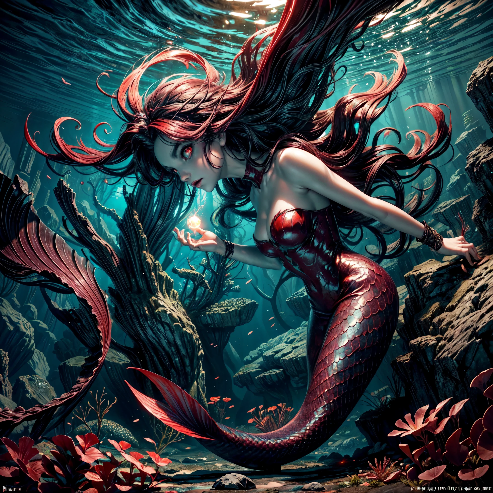 high details, best quality, 16k, [ultra detailed], masterpiece, best quality, (extremely detailed), full body, ultra wide shot, RAW, photorealistic, dark fantasy art, dnd art, rpg art, realistic art, an ultra wide picture of a vampiric mermaid (1.5 intricate details, Masterpiece, best quality)  blood mage casting ((blood control spell)),  blood wizard ((blood magic, intense magic details)), ((controlling a swirling mass of blood)) underwater, magical symbols GlowingRunes_pink, female vampiric mermaid, pale skin, black hair, long hair, swirling hair, lower body tail fin, intense eyes, red eyes, small  (( red eyes)), ((glowing eyes)), wearing sea shell clothing, beautiful dark mermaid, underwater background, rich underwater life, ((magical atmosphere)), fish and sea weeds, high details, best quality, highres, ultra wide angle