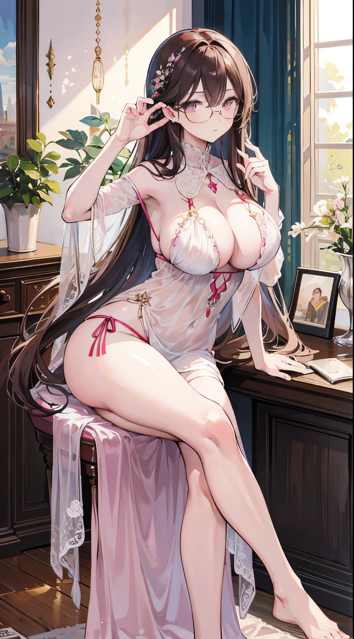 Beautiful italian woman, ((best quality)), ((masterpiece)), ( extreme detailed, highest detailed, official art, beautiful and aesthetic:1.2), absurdly long hair, hair between eyes, brown hair, pink eyes, (((glasses))), big breast, sexy, thong, traslucent nightgown, barefoot,