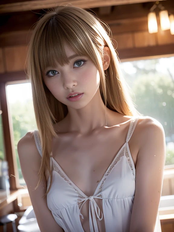 The most beautiful blonde hair in the world、Beautiful bangs、Super long straight hair、Crystal clear marine blue eyes like jewels、Transparent white and wet nightgown、European youth、perfect bodies、ultimate beauty girl、Beautiful 20 years old、White shiny skin、face perfect、Bright makeup、Thin pink lips、Girl in the shower、1 girl in、Unbuttoned shirt、lipsticks、Colored inner hair、deceptive advertising、{steams}、Viewer Vision、Golden Hour Lighting、comic strip、Bokeh atmosphere perspective、detaileds、Movie Light、intricate-detail、hight resolution、 Detailed features of face design、High Details、Clear focus、SMOOTHNESS、aesthetics、High Details、printed、octane、{{​masterpiece}}, SMALL BREAST