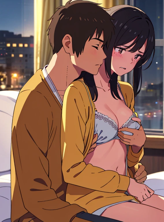 1middle age man, wrinkle face, black hair,bangs swept to the right side, Middle aged man behind girl, touching chest, biting shoulders, breatsgrope from behind, grab, grabbing chest,chestgrab behind back, removing bra, hold bra, hug back, hugging, neck kiss, 1girl, black hair, Twisted Half Up, red ribbon, long hair, long sleeve light yellow cardigan, open shirt, yellow shirt, cleavage, breast, medium breast, Orange shirt, cute, open mouth, full body, long sleeves, cowboy shot, masterpiece, on a dating, blushing, bedroom, night, sit on bed