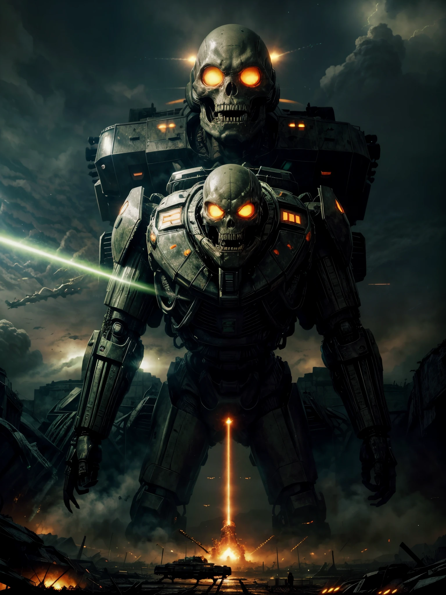 giant biological mutant zombie, alien mecha, skeleton face, giant skeleton, body all, green laser rays, armies at war, alien war machines, anime art, alien war atmosphere, UFOs warlike mother ships crossing the skies, nuclear bombs, apocalyptic scenario.