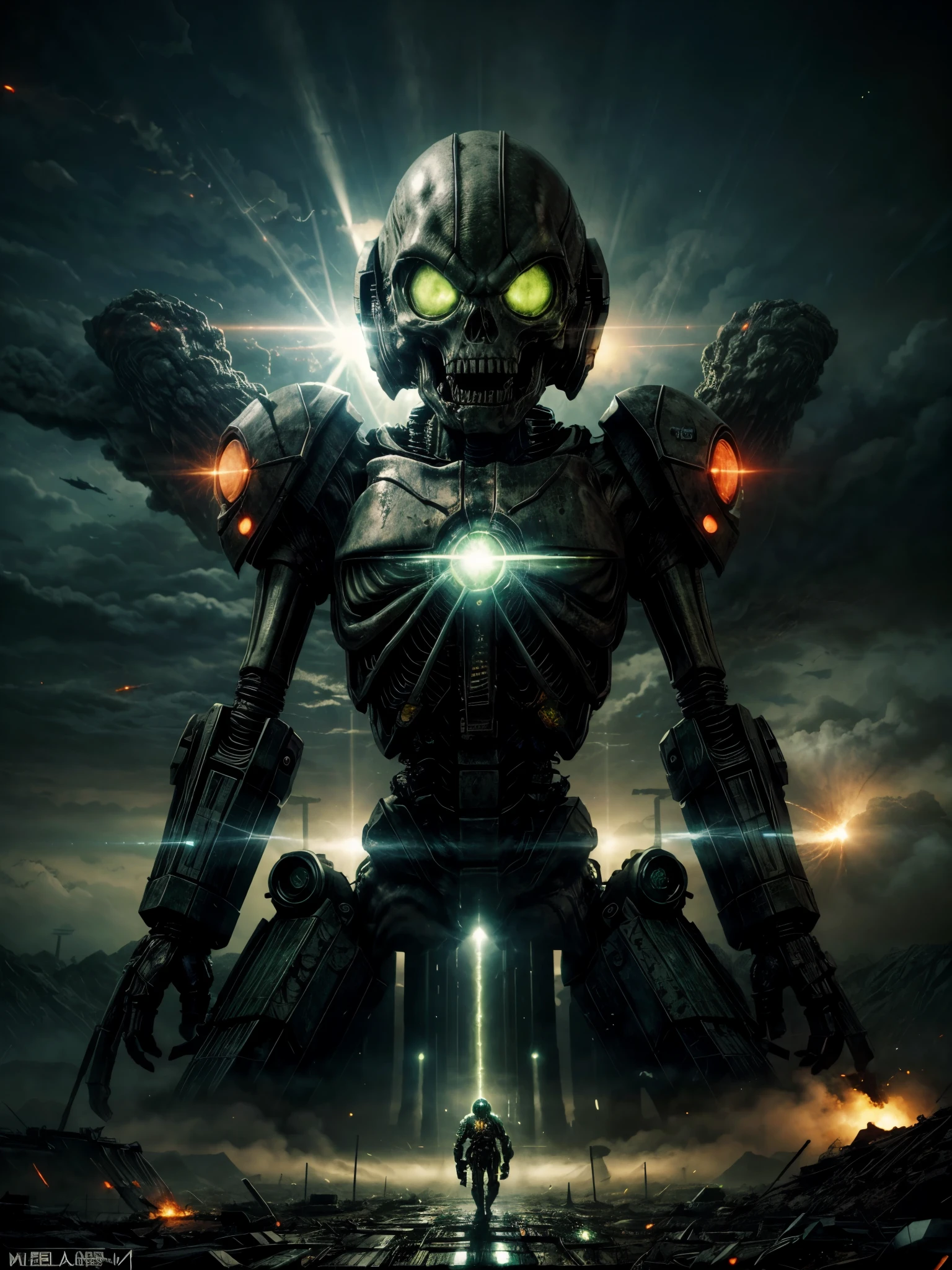 giant biological mutant zombie, alien mecha, skeleton face, giant skeleton, body all, green laser rays, armies at war, alien war machines, anime art, alien war atmosphere, UFOs warlike mother ships crossing the skies, nuclear bombs, apocalyptic scenario.