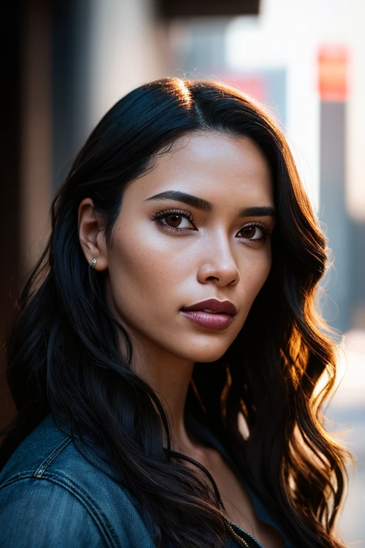 Full face portrait photo of a 25-year-old Black girl, RAW, beautiful woman, semi-open strawberry lips, dimples, wistful look, (extra long wavy brown hair), ((detailed face)), ((detailed facial features)), (finely detailed skin), pale skin, (deep neckline detailed high-tech cyberpunk dress), cyberpunk megacity environment, (cool colors), damp, damp, reflections, (masterpiece) (perfect proportion)(realistic photo)(best quality) (detailed) shot on a Canon EOS R5, 50mm lens, F/2.8, HDR, (8k) (wallpaper) (cinematic lighting) (dramatic lighting) (sharp focus) (intricate), RAW photo, RAW photo, gigachad photo, posing for camera, black jeans, back arms, 8k uhd, dslr, high quality, grain film, Fujifilm XT3, film stock photography 4 kodak portra 400 camera f1.6 lens rich colors hyper realistic texture dramatic lighting unrealengine trend in artstation cinestill 800 tungsten, toughboy style, ultra focus face, intimidating, in fighting position, short messy hair, muscular, bursting veins, beaded