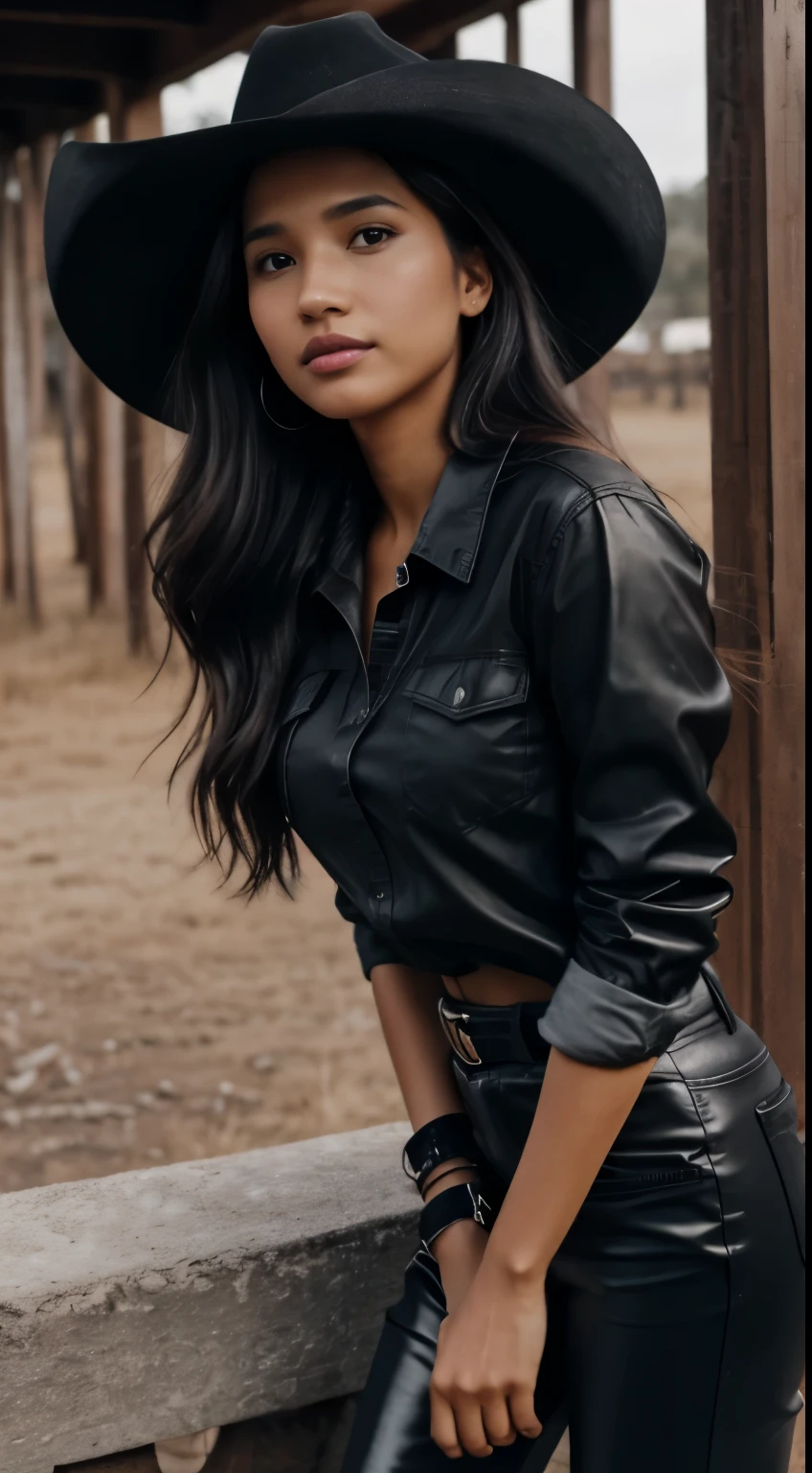 Foto hiperrealista en primer plano de Kelsey Asbille (native American ((light dark skin))) wearing dirty cloths (black black gloss gloss shirt:1.1) and (black pants:1.1), (boots:1.2), (black cowboy hat) on the ranch, grey day, cinematic light, beautiful woman, skinny, large big breasts, black long hair, detailed face, facing the camera, photo taken from a distance, age of 25 years old, camera filter on pastel gray colors,, grey filter on camera