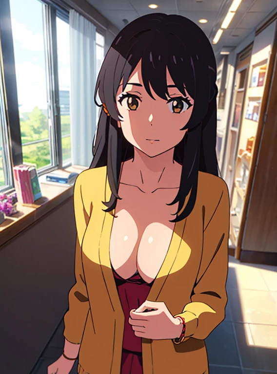 shinkai makoto, kimi no na wa., 1girl, bangs, black hair, brown eyes, Twisted Half Up, red ribbon, long hair, long sleeve light yellow cardigan, open shirt, yellow shirt, cleavage, breast, medium breast, Orange shirt, name tag written "LUMINE Miyamizu", looking at the viewer, indoors, jewelry products, jewelry shop, jewelry saleswoman, indoors, mall, masterpiece, perfect anatomy, cowboyshot, {POV viewer's hand grab girl's chest)}