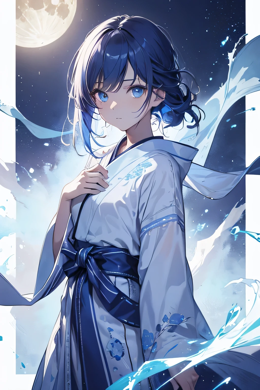 (High resolution, realistic, 4K, super detailed, masterpiece:1.2), cowboy shot (no hat:1.5),1 androgynous girl, unisex, shining blue eyes, Blue Medium Hair, White yukata, flowing dress, ephemeral, nihilistic, Expressionless, poker face, deep night, Moonlight, it's snowing, quiet solitude, dramatic lighting, Bright colors, enchanting beauty
