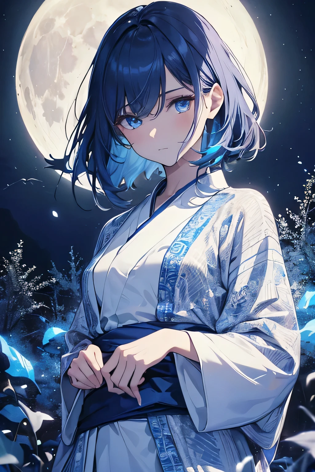 (High resolution, realistic, 4K, super detailed, masterpiece:1.2), cowboy shot (no hat:1.5),1 androgynous girl, unisex, shining blue eyes, Blue Medium Hair, White yukata, flowing dress, ephemeral, nihilistic, Expressionless, poker face, deep night, Moonlight, it&#39;s snowing, quiet solitude, dramatic lighting, Bright colors, enchanting beauty