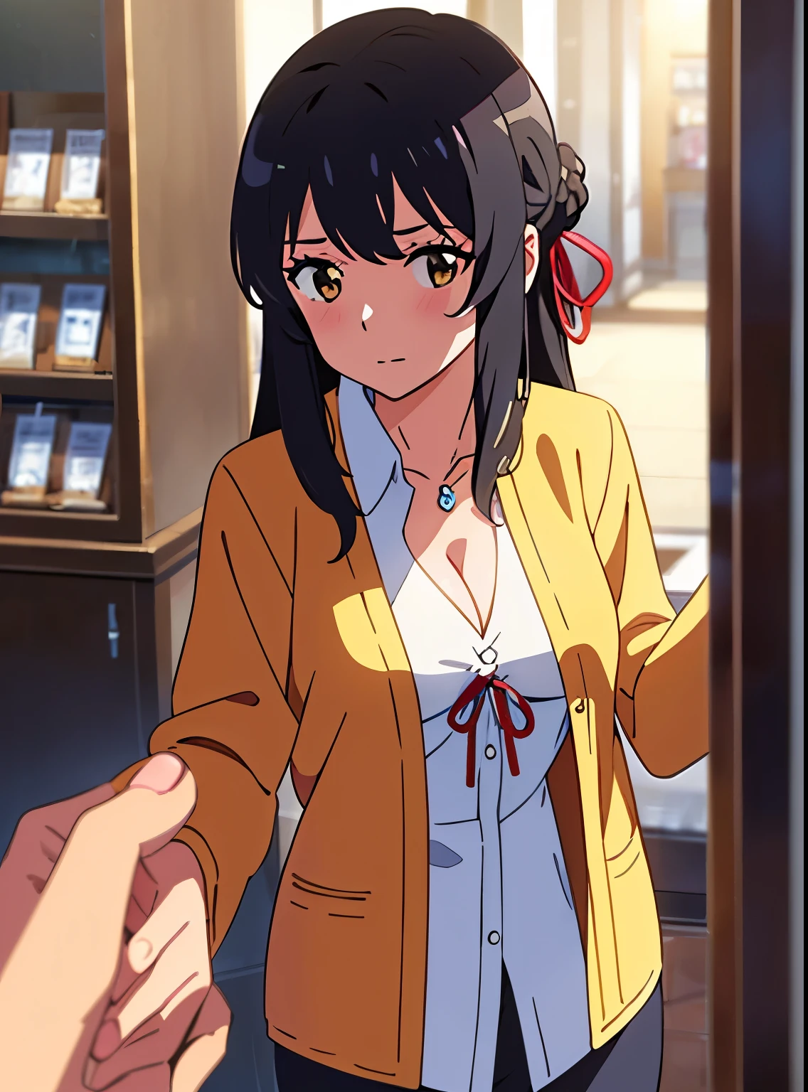 shinkai makoto, kimi no na wa., 1girl, bangs, black hair, brown eyes, Twisted Half Up, red ribbon, long hair, long sleeve light yellow cardigan, open shirt, yellow shirt, cleavage, breast, medium breast, Orange shirt, name tag written "LUMINE Miyamizu", looking at the viewer, indoors, jewelry products, jewelry shop, jewelry saleswoman, indoors, mall, masterpiece, perfect anatomy, cowboyshot, {POV viewer's hand grab girl's chest)}