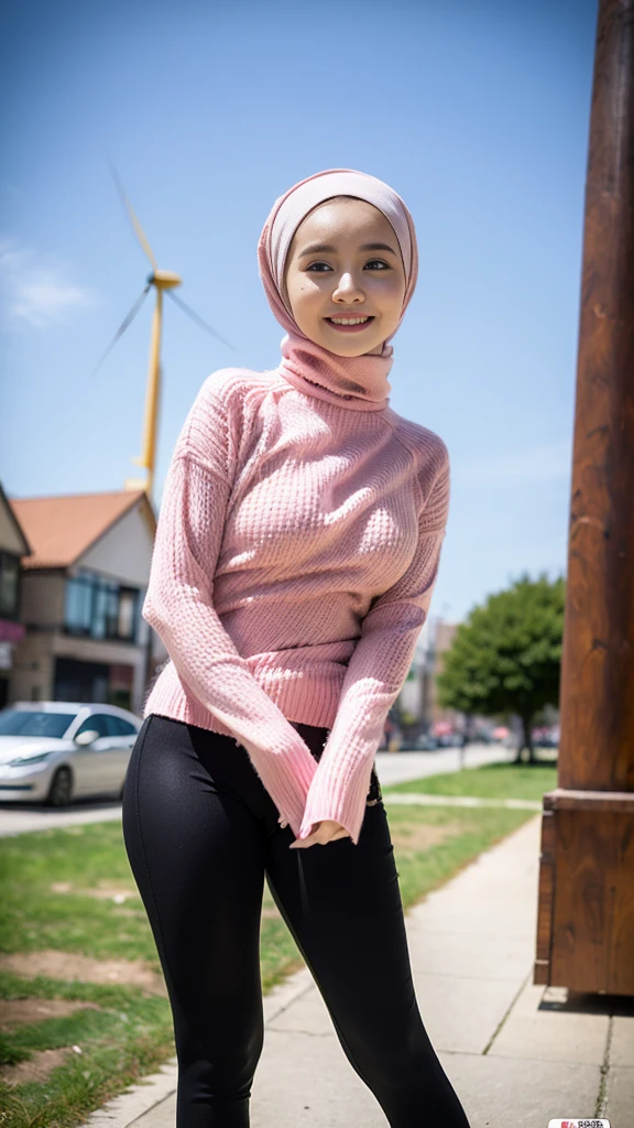 (Best quality, 8k, 32k, Masterpiece, UHD:1.2),Photo of Pretty indonesian woman,wearing simple hijab,(sad smile,blush:1.1),looking at viewer,(pink sweater:1.2),black thin leggings pants,(spread legs:0.9),(underwear:0.4),(wind lift:1.6), full body,windy,city,outdoors, (see through clothes:1.2)
