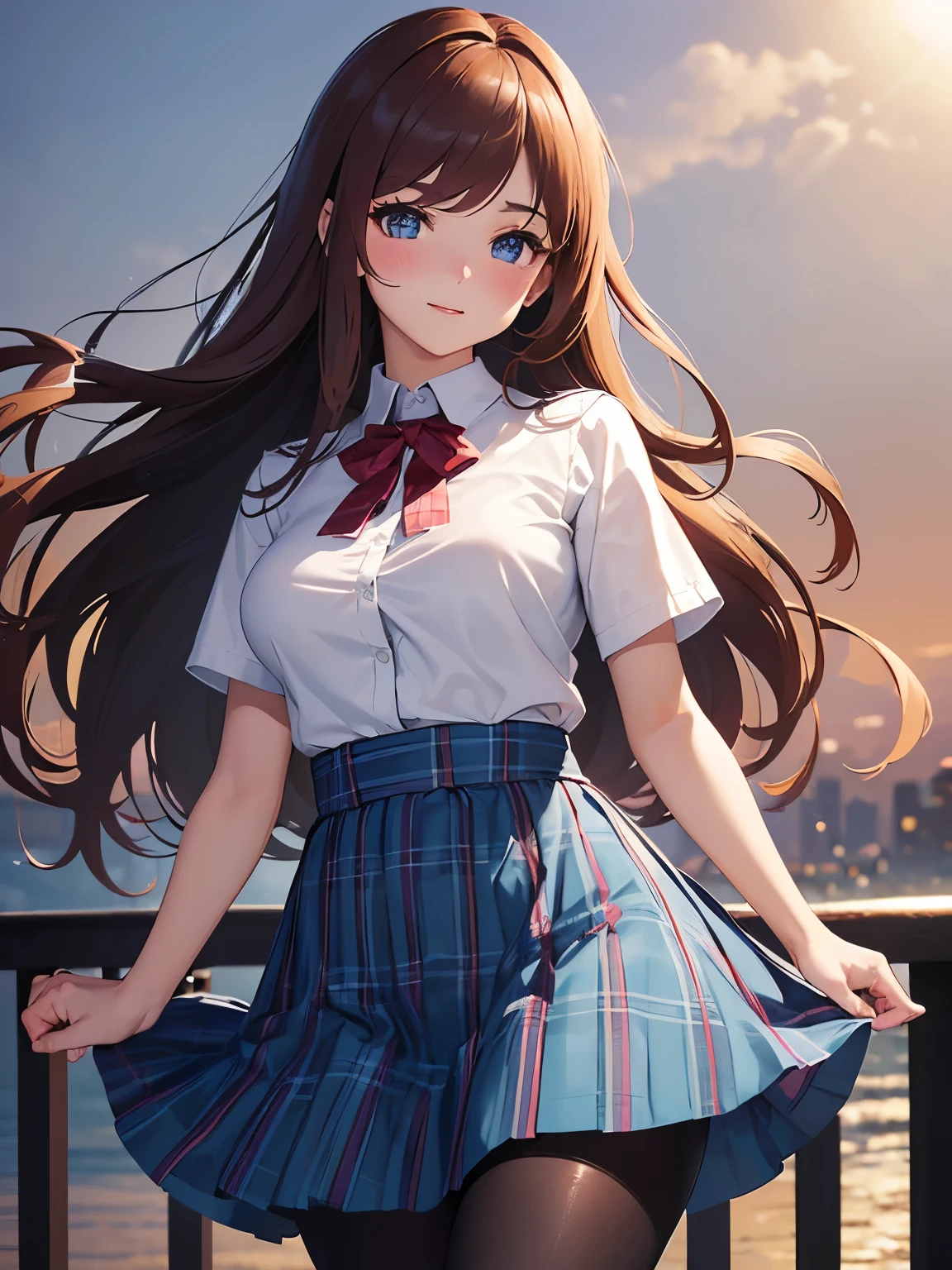 ((best quality, high resolution, pixel perfect, 4K))), 1girl in, single, alone, Beauty、see whole body、 ((Long hair to waist, Short Liuhai, reddish brown hair)), ((blue eyes, beautiful eyelashes, realistic eyes)), ((Detailed face, blush:1.2)), ((smooth texture:0.75, lifelike质感:0.65, lifelike:1.1, Anime CG style)), medium breasts, Perfect body, ((short sleeve shirt, light blue skirt, Plaid skirt,Black tights)), smile in love, Holding hands on railing, Look from the bottom up、(The wind is strong and blows my hair,The shirt buttons were opened to expose the breasts、Black tights) , Night view platform
