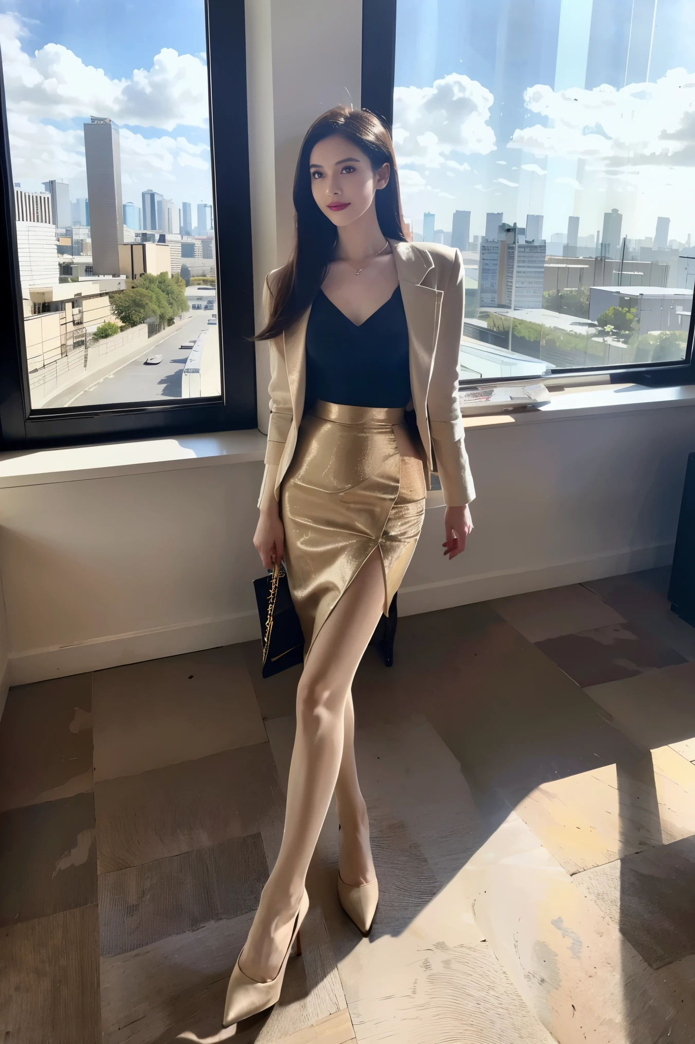 1 girl,(European model:1.3),31 years old,exquisite,Business womenswear,(jacket:1.1),(shirt:1.1),(Wrap skirt:1.1),Accessories,jewelry,briefcase,knitwear,,black stockings，goosebumps,goose-flesh，（fidelity：1.3），filigree，quality，（masterpiece：1.2），（fidelity：1.2），（best quality），（Skin details：1.3），（intricate details），drama，Ray tracing，photo，bathed in light and shadow，visual novel，The boss's office for a skyscraper，Window with city view，film grain，Depth of field 100mm，Flick，full-body shot，skin tone，High heel，stand