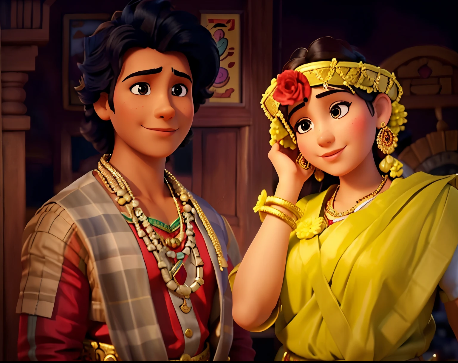 a close up of a person standing next to a woman , boy & girl traditional romance, assamese aesthetic, profile pic, fanart, movie promotional image, fan art, biopic, official fanart, traditional beauty, portrait shot, with lovely look, leaked image, in a oil painting style
