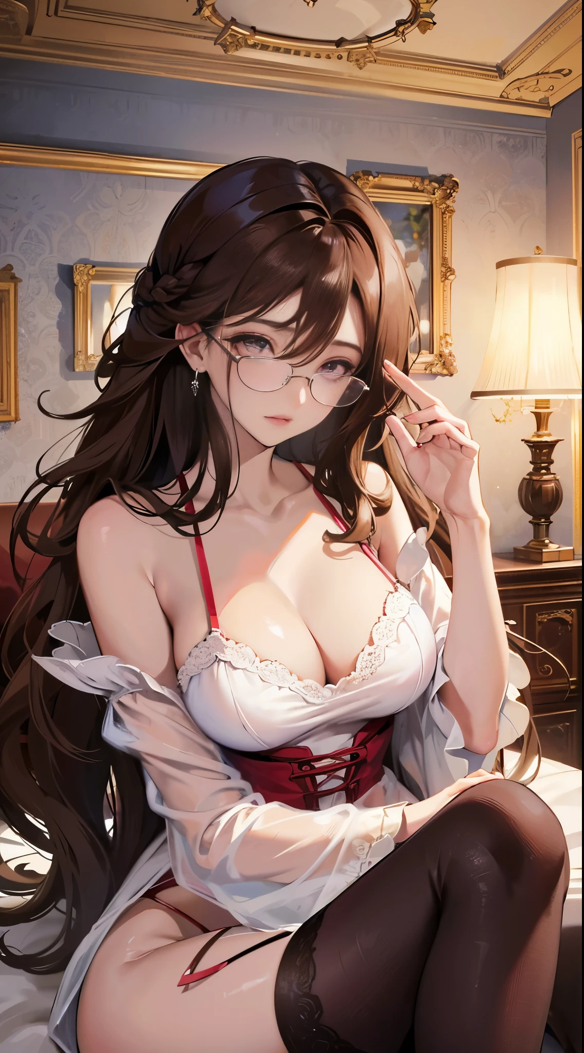 Beautiful italian woman, ((best quality)), ((masterpiece)), ( extreme detailed, highest detailed, official art, beautiful and aesthetic:1.2), absurdly long hair, hair between eyes, brown hair, pink eyes, (((glasses))), big breast, sexy, thong, traslucent nightgown, barefoot,