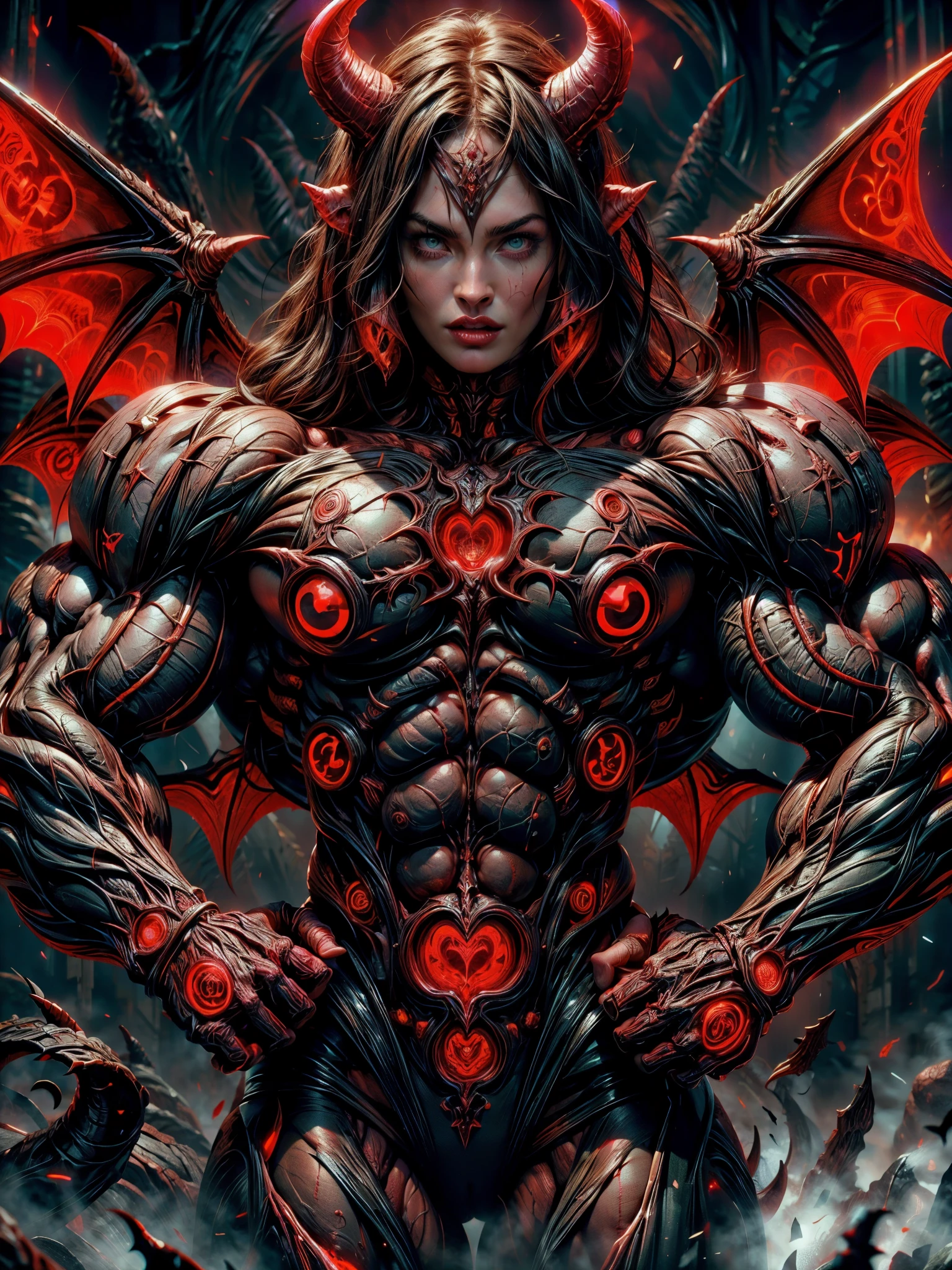 (1 girl), (megan fox:1.25), (naked:1.25), Sexy Evil naked demonic Succubus, (Muscular skinless anatomy:1.25), (large Demon horns:1.25), demonic tech muscular bodysuit, an evil red glow emanating from her, (huge demonic wings:1.25), Black Eyes, large veiny breasts, perfect hands, diabolic, insidious, Context of the Satanic Church, (8k, RAW photo, photorealistic:1.25), 