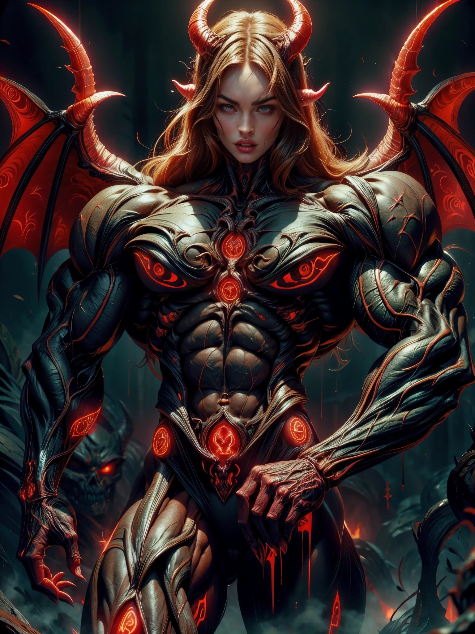 (1 girl), (megan fox:1.25), (naked:1.25), Sexy Evil naked demonic Succubus, (Muscular skinless anatomy:1.25), (large Demon horns:1.25), demonic tech muscular bodysuit, an evil red glow emanating from her, (huge demonic wings:1.25), Black Eyes, large veiny breasts, perfect hands, diabolic, insidious, Context of the Satanic Church, (8k, RAW photo, photorealistic:1.25), 