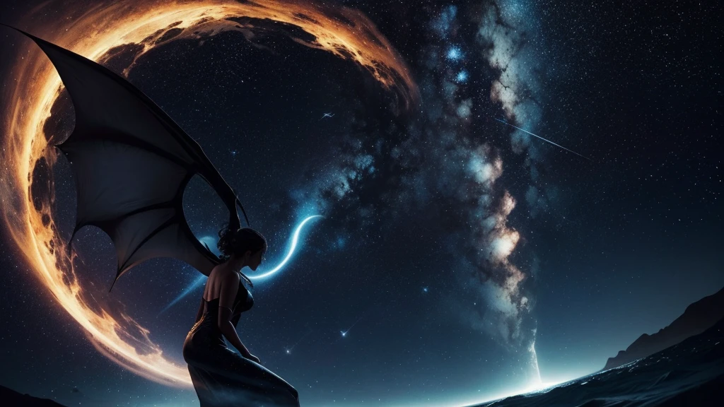 Une déesse dragon dont le corps est une éclipse vivante, une danse éthérée entre l'ombre et la lumière. Chacune de ses courbes, semblable à des vagues mystiques d'obscurité, crée une silhouette qui évoque à la fois la profondeur du cosmos et la clarté des étoiles. Les ailes de Nesya, déployées avec grâce, révèlent des motifs astraux qui semblent capturer la quintessence des constellations.