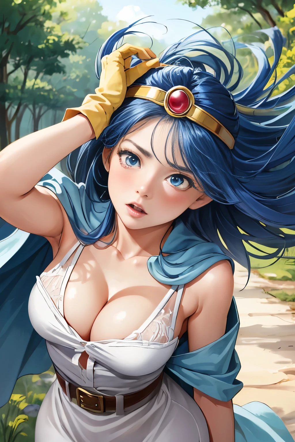 2D, masterpiece, highest quality, anime, highly detailed background, perfect lighting, (beautiful, highest quality:1.1), masterpiece, perfect eyes,
(beautiful), (erotic:1.2)
cleavage,long hair, Bright light blue hair, blue eyes,Anguished face,Face that suffered,panting face、face down、
部屋kneel down,,(masterpiece, highest quality:1.1), sage_(DQ3),, long hair, blue hair, circlet, red eyes, normal chest, yellow gloves, white dress, belt, cape, boots, cleavage, bare shoulders, underwear, kneel down, whole body, wind lift, simple background, nature software, realistic, masterpiece,  (Detailed background around town), standing insanely hot (female 1) ､((thick thief)),(Expression of fear), blushing face, old small man ass groping female 1 from behind,(((old man pressing his chest on female 1 back))) ,hold her head,lick her head,Grab her hair,grab her head,Licking her face