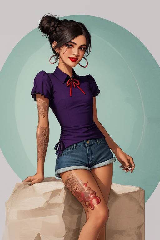 ((23 year old woman)), ((indigenous)), ((native american)), ((brown skin)), ((has red tattoos depicting nature all over her arms and legs)), ((labret piercing, healed burn scars on wrists)), ((high cheekbones)), ((rounded oval face)), ((slim figure)), ((anthic folds at the outer corners of eyes)), ((almond shaped eyes)), ((prominent nose)), ((deep red lipstick)), ((black hair tied back in a braided bun and purple ribbon)), ((long purple blouse)), ((cheeky smile)), ((hazel eyes)), ((black skin)), ((small chin)), ((small lips)), ((denim shorts)