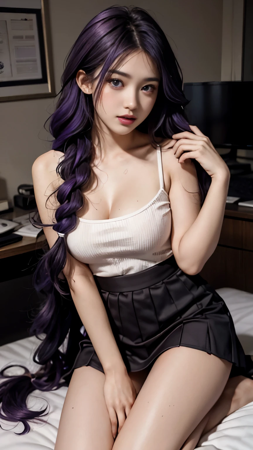 Hyper-realistic 8K CG（1girl）Tube top，No cleavage，maroon maroon，dewy skin，sweaty skin，Purple hair big breasts，long purple hair，thick braid，nylon tshirt，punk girl，beautiful purple eyes、（（perfect female figure））、Purple hair big breasts色的头发，Compact and beautiful in bed，Kneel down， Seductive eyes、very detailed eyes、Thick thighs、plump breasts、Beautiful detail background、depth of field、Cocktail realism:1.3、shot from a far distance、1 girl in、White shirt、black pleated skirt、Uniforms、sit on the table、Full body female love、 (ambient light:1.3)、(composition:1.3)、(neon lights:0.1)、(hdr:0.1)、Accent lighting、black pantyhose、office background