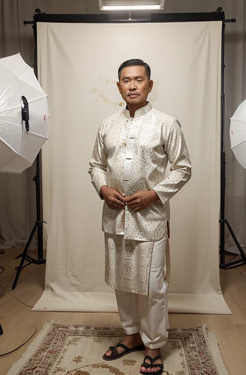 image of a 60-year-old Indonesian man standing in a photo studio, black hair buzz cut model, oval-shaped smooth face, wearing white batik clothes with intricate details, full body, photo studio background, photography, ultra HD, 16k, 8000MP