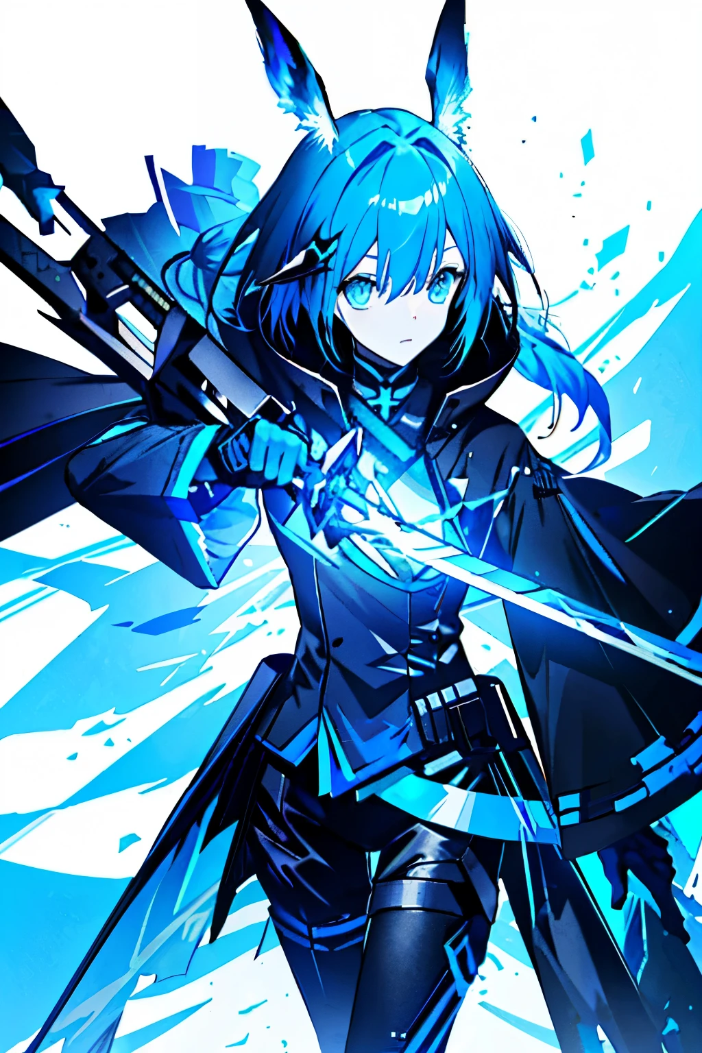 anime girl close up of a person in a costume with a sword, from arknights, lunar themed attire, blue and black scheme, black and cyan color scheme, black and blue scheme, wearing a black noble suit, by Yang J, one blue ) and huge bat ears, costume with blue accents, guweiz, arknights, astral witch clothes