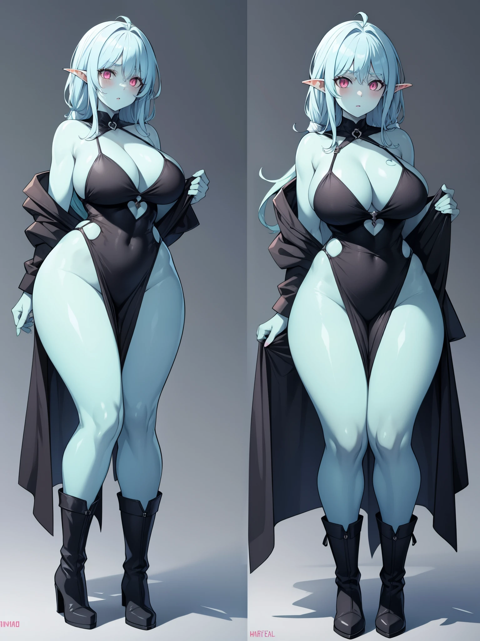 Goblin adult woman, green skin, light blue hair, pink eyes, high boots, gigantic breasts, long muscular legs, black one-piece dress made of thick fabric, 8k, HD, masterpiece, sexy full body image, background completely white