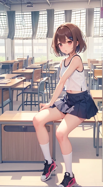  Troubled expression Raise hand Maki Horikita Beautiful girl Junior high school student White tank top Navel exposed Beautiful legs Track and field appearance Club activities Japanese classroom Small breasts Slender short stature Short hair Brown hair Whole body visible Sitting on desk Composition seen from below 