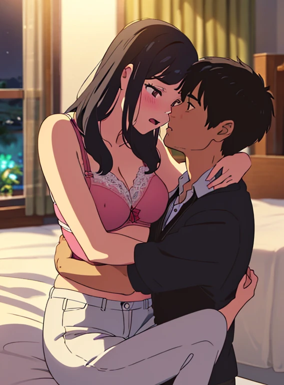 1middle age man, wrinkle face, black hair,bangs swept to the right side, Middle aged man behind girl, touching chest, biting shoulders, breatsgrope from behind, grab, grabbing chest,chestgrab behind back, removing bra, hold bra, hug back, hugging, neck kiss, 1girl, black hair, waterfall braid, red ribbon, long hair, brown eyes, collared shirt, unbuttoned, medium bresst, nipples, pink nipples, white pants, cute, open mouth, full body, long sleeves, cowboy shot, masterpiece, on a dating, blushing, bedroom, night, sit on bed