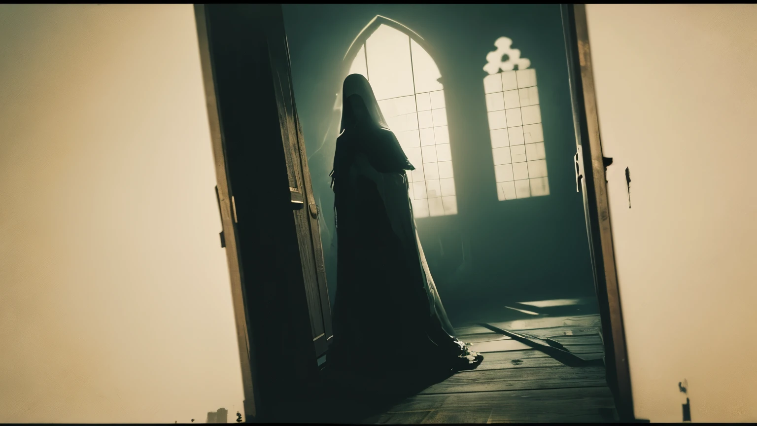 (best quality,4k,8k,highres,masterpiece:1.2),ultra-detailed,dark, gloomy wooden house, a tall, dark ghostly figure at the end of the hallway, hauntingly figure, sinister presence, mysterious atmosphere, creaking floorboards, flickering candlelight, bedraggled curtains, eerie shadows, chilling aura, lingering mist, ancient, weathered walls, tattered wallpaper, a sense of foreboding, forbidding entrance, faded photographs, peeling paint, abandoned belongings, chilling silence, hallway stretching into darkness, a faint whisper in the air, ghostly footsteps, intense feeling of unease, dread-filled anticipation, spine-chilling presence, dense, oppressive atmosphere, surrealistic essence, hauntingly beautiful, ominous presence, macabre, spectral figure emerging from the shadows, phantasmagorical scene, ethereal mist, ghostly apparition, disintegrating memories, eerie stillness, inexplicable presence, spectral energy, otherworldly specter, enigmatic aura, somber color palette, subdued lighting, gloomy ambience, enshrouded in darkness.
