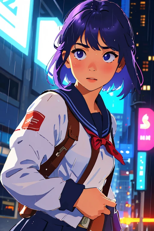 masterpiece, highest quality, realistic, subsurface scattering, chromatic lighting,
colorized, red + white + purple + blue limited color palette, detailed concept drawing, line-art, illustration,
fashion,
close-up of 18yo 1girl,small breasts,
shy,
bangs hair,
urban outfit,
sleeves,
pleated,
metallic,
city,
school, people,
rain
blurred background